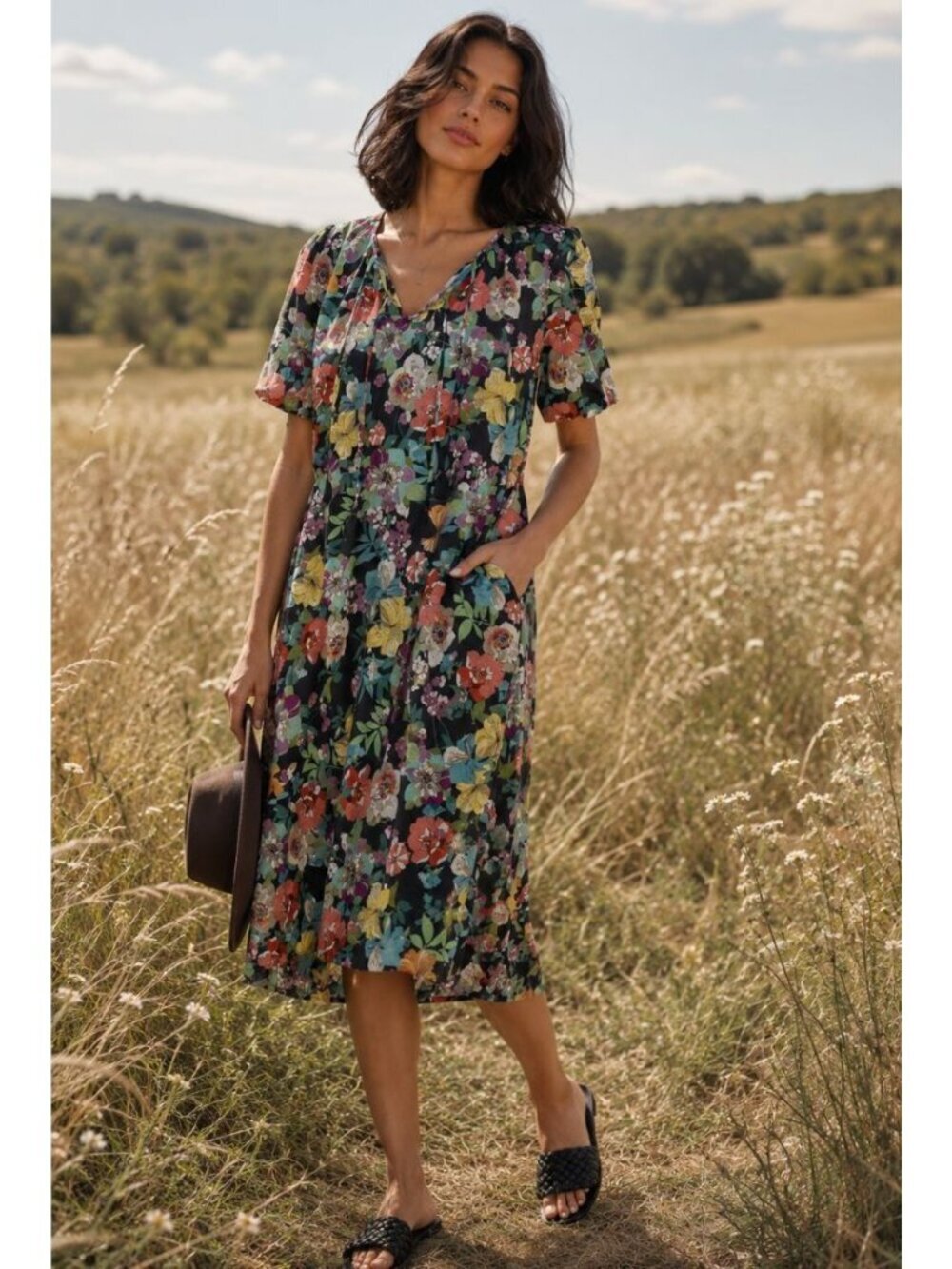 Johnny Was Zahava Tie Neck Midi Dress Floral Size S Pockets Whimsical